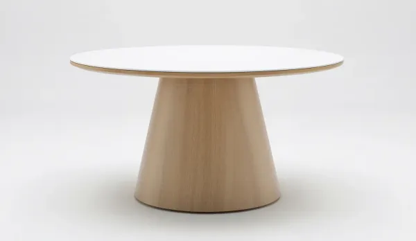Mesa de aluminio redonda 140 cm. imitación madera con sobre cerámico