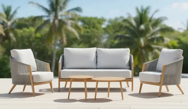 Set de jardín de aluminio color madera con respaldo alto, trenzado de cuerda