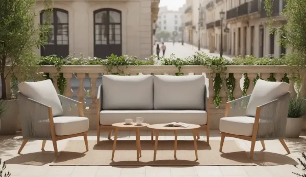 Set de jardín de aluminio color madera con respaldo alto, trenzado de cuerda