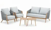 Set de aluminio color madera con respaldo trenzado de cuerda