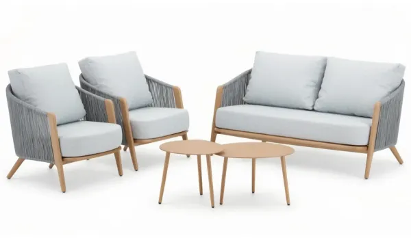 Set de jardín de aluminio color madera con respaldo alto, trenzado de cuerda